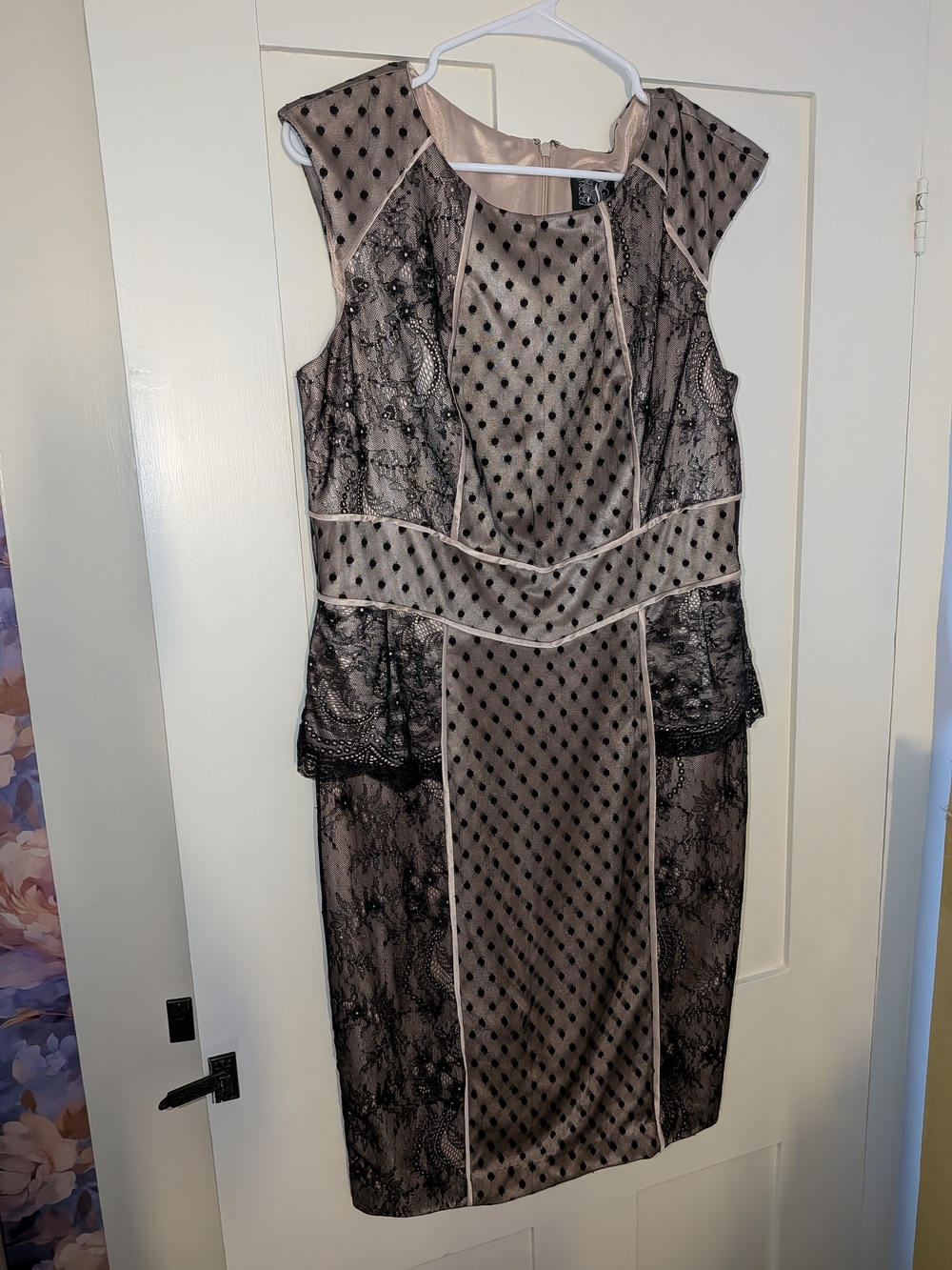 Jax Taupe and Black Polka Dot Lace-Trim Midi Dress